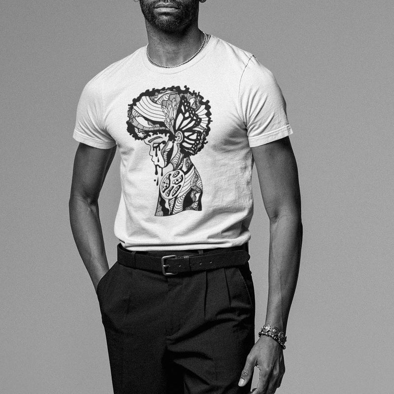 Unisex Afro t-shirts with "Beauty in Struggle" Male Model Look
