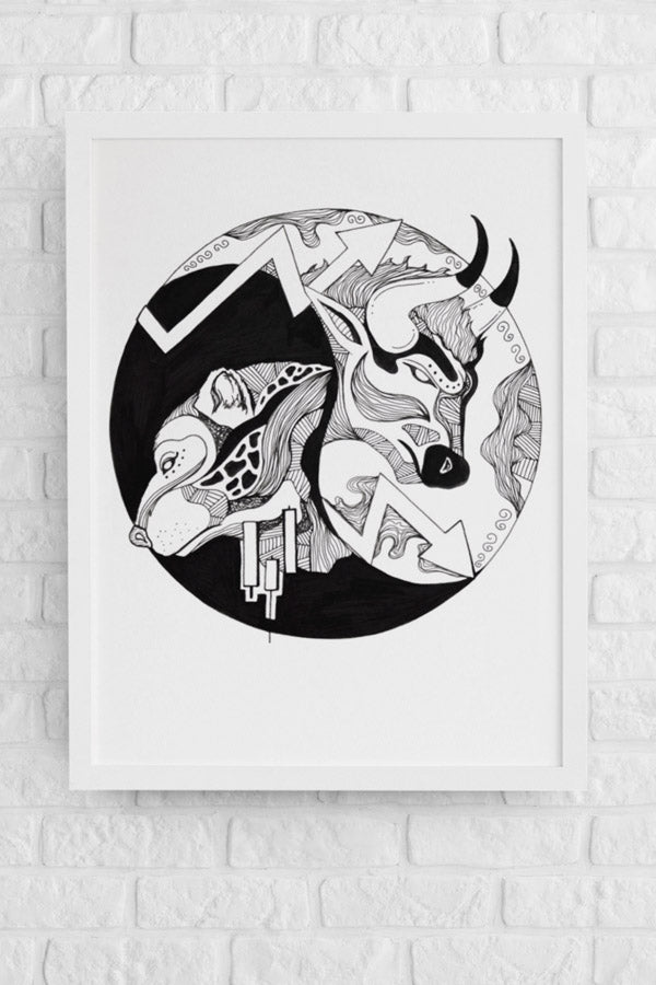 Bull and Bear: Original Pen and Ink Artwork + NFT Version 