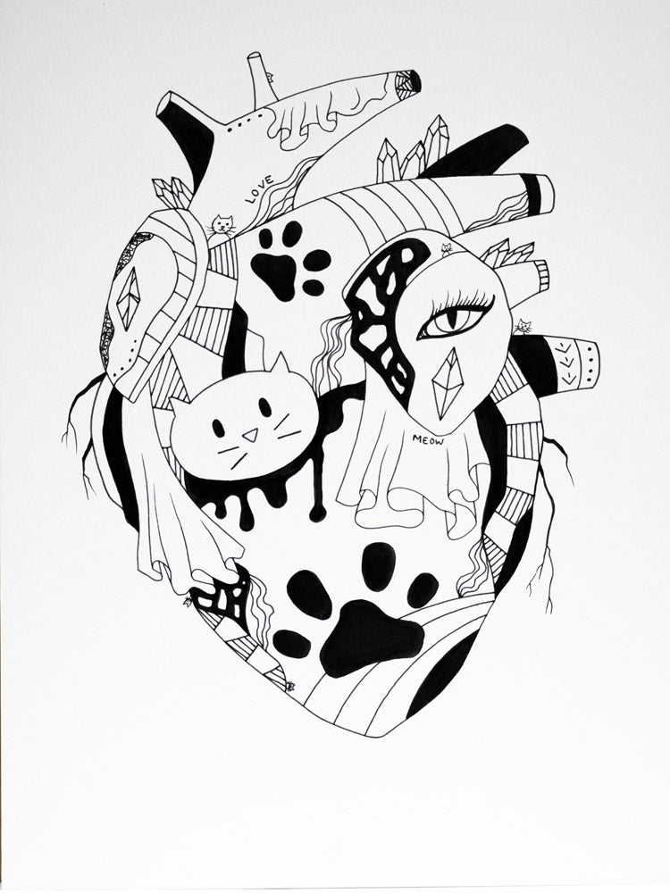 Cat’s Heart: Original Pen and Ink Artwork + NFT Version 