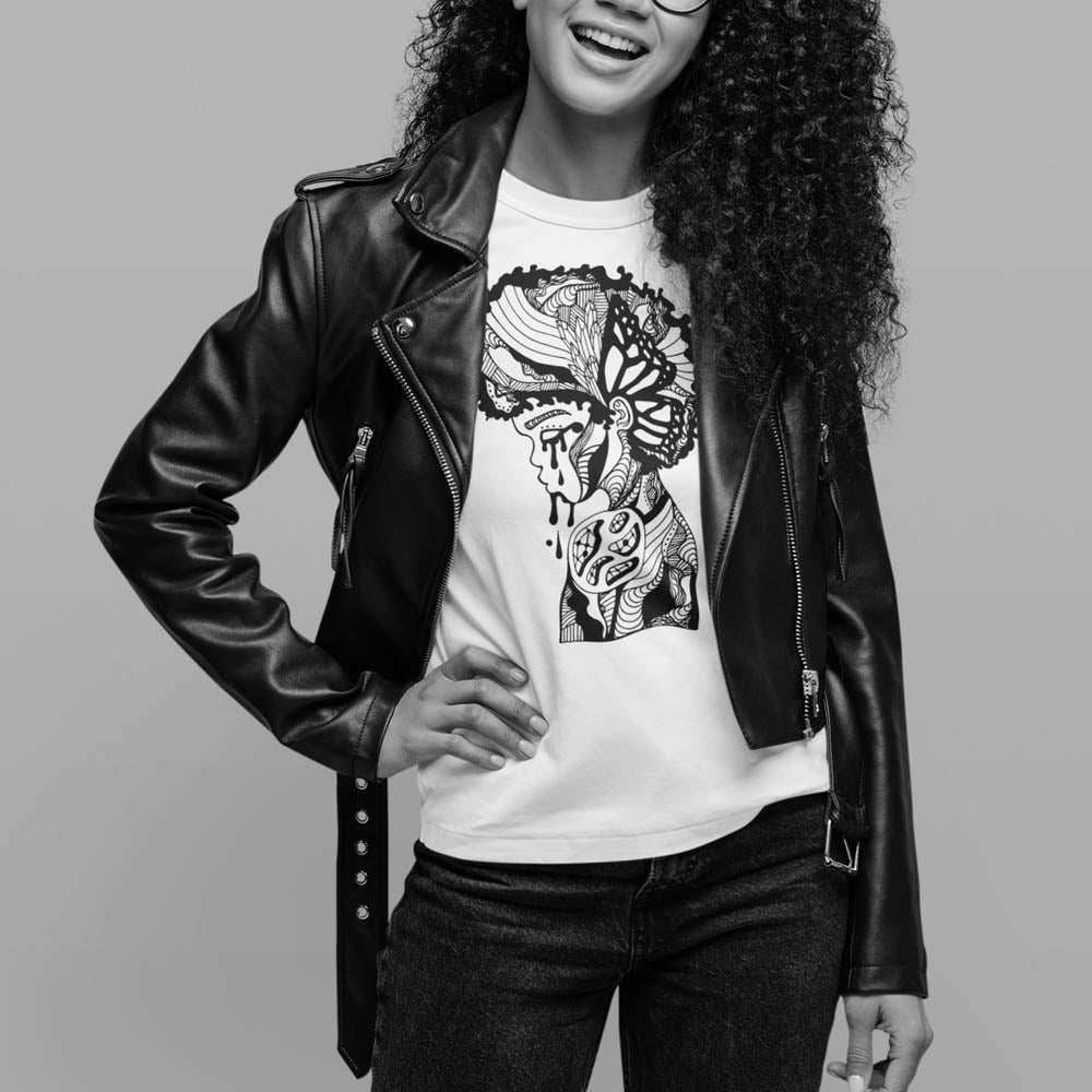 Unisex Afro t-shirts with "Beauty in Struggle" Female Model Look