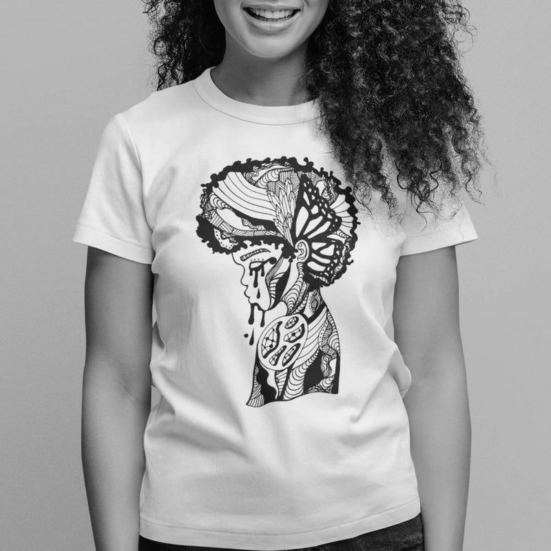 Unisex Afro t-shirts with "Beauty in Struggle" Female Model Look