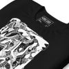 Abstract t-shirt featuring white line art wave design on lightweight cotton tee