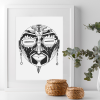 African mask art print with oval face and sacred earrings symbolizing feminine strength