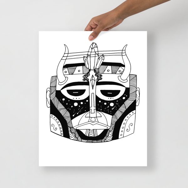African mask art print featuring a minimal tribal mask design on matte museum-quality paper
