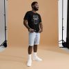 White line art African mask t-shirt in lightweight cotton, shown from a back angle