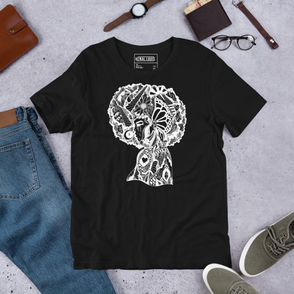 White cotton t-shirt featuring Beautiful Mind No.2 Afro art line drawing