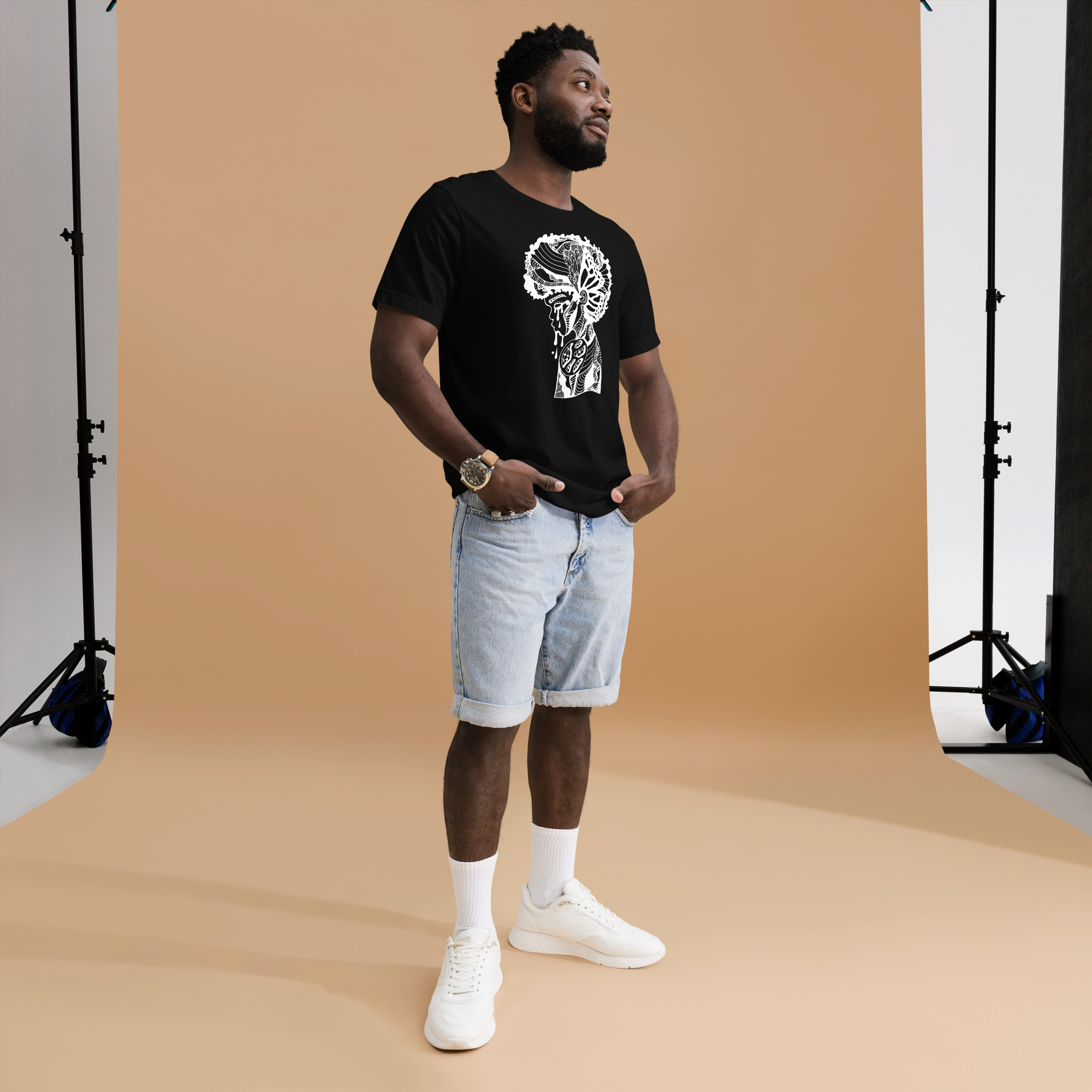Men's white line art Afro shirt featuring Beauty in Struggle design on lightweight cotton tee