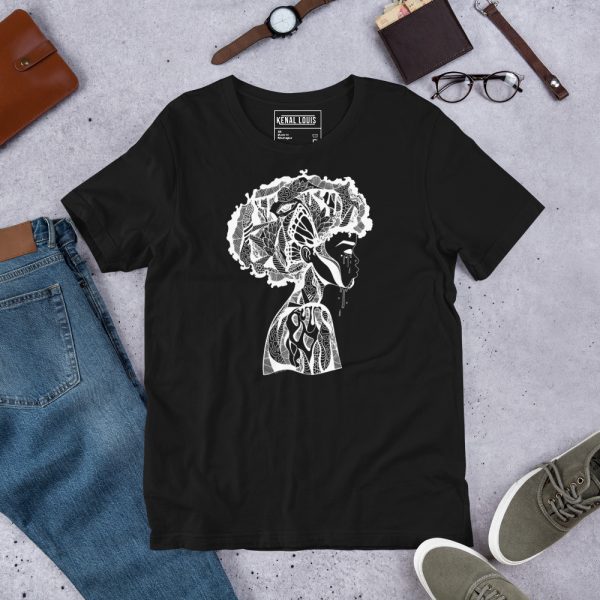 Beautiful Mind afro art men's t-shirt with white line art design on cotton tee