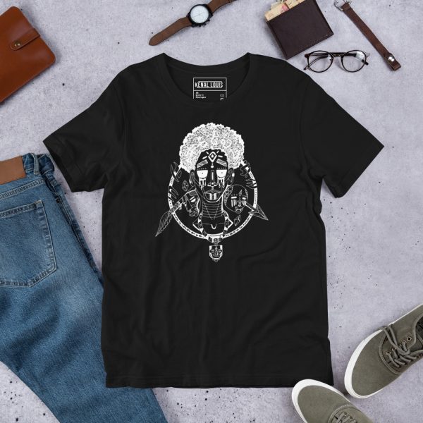Men's white line art Afro shirt featuring 'Boy Between Warring Tribes' design on lightweight cotton tee