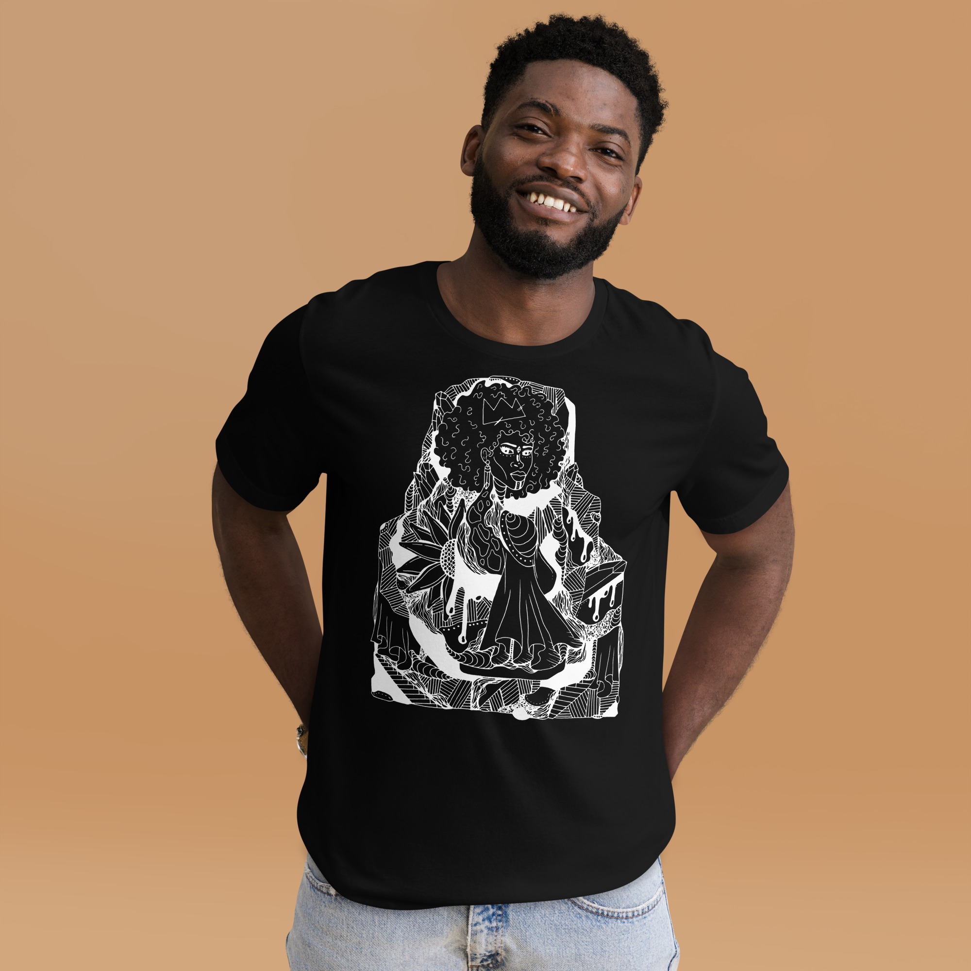 Afrocentric t-shirt with white line art design celebrating Black culture on a soft cotton tee