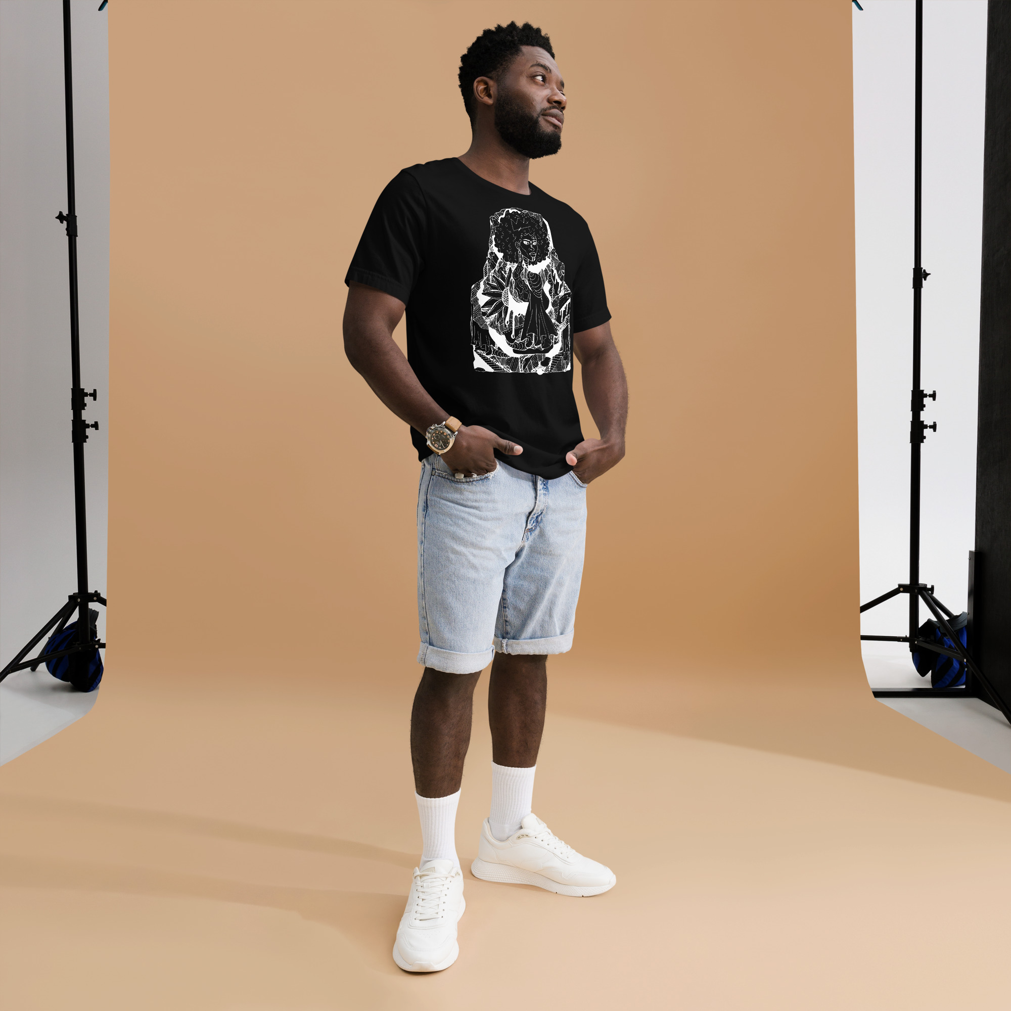 Afrocentric t-shirt with white line art design celebrating Black culture, lightweight cotton tee