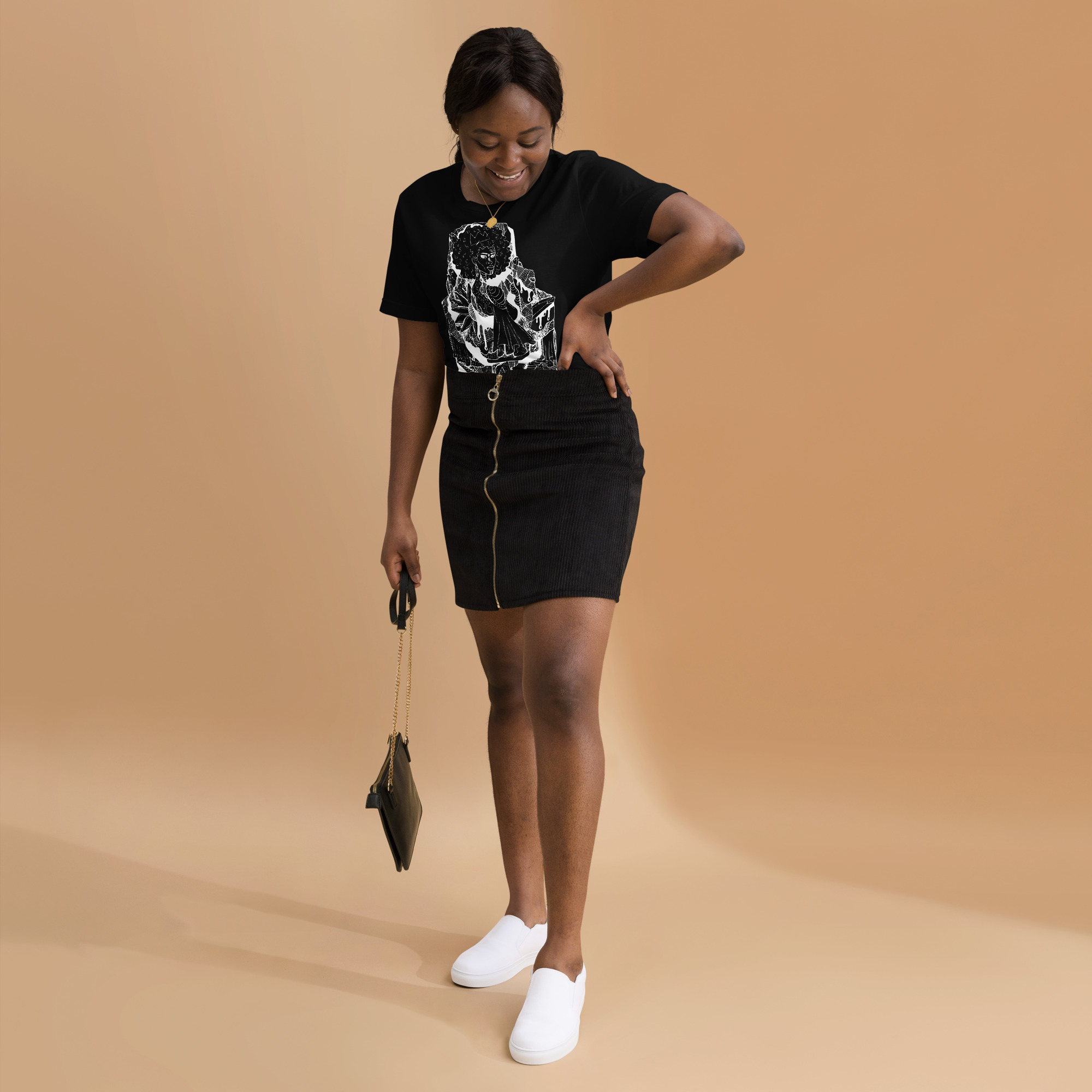 Afrocentric t-shirt with white line art design celebrating Black culture on cotton tee