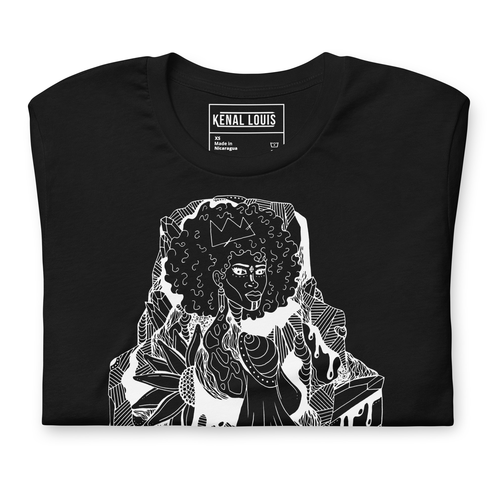 Afrocentric t-shirt with white line art design celebrating Black culture on a black cotton tee