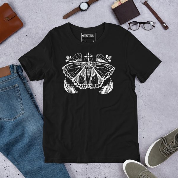 Butterfly graphic tee with white line art design of a butterfly on lightweight cotton fabric