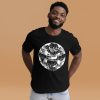 White line art Connection Circle graphic tee in lightweight combed cotton, shown from a third angle