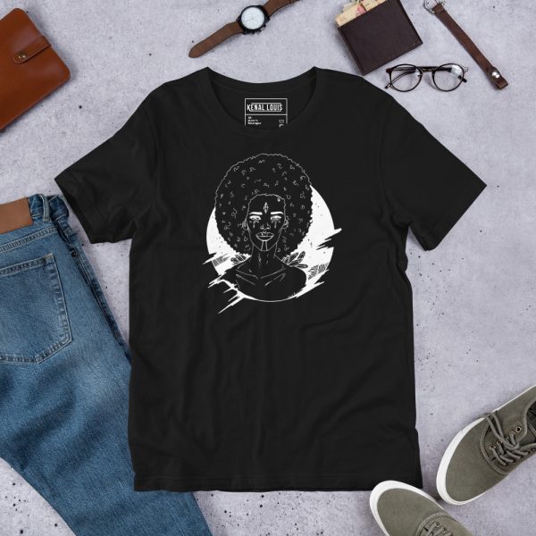 Black culture t-shirt featuring Cosmic Afro Eve white line art design on cotton tee