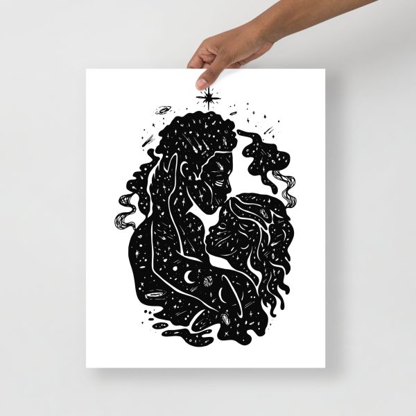 Cosmic Kiss black love art print on matte museum-quality paper for chic wall decor
