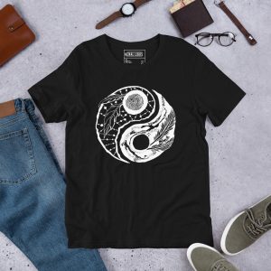 White line art feathers yin yang graphic tee in lightweight cotton