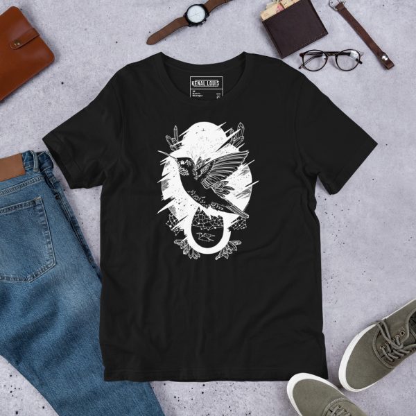 White line art hummingbird t-shirt in soft cotton with minimalist Fly Hummingbird design