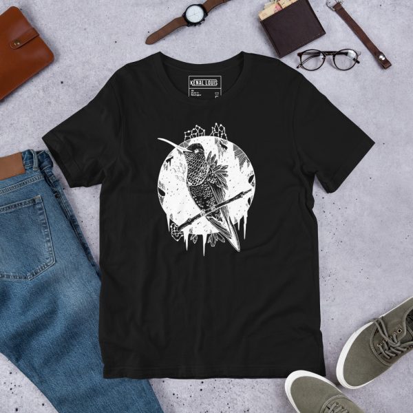 Gazing hummingbird t-shirt featuring white line art design on lightweight cotton tee