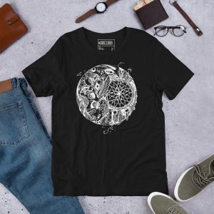White line art skull and dreamcatcher circle graphic tee on cotton t-shirt