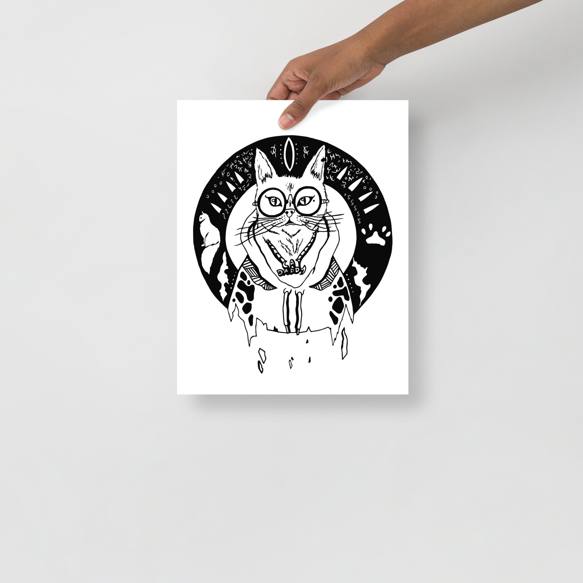 Minimal cat drawing art print on matte museum-quality paper, framed for modern wall decor
