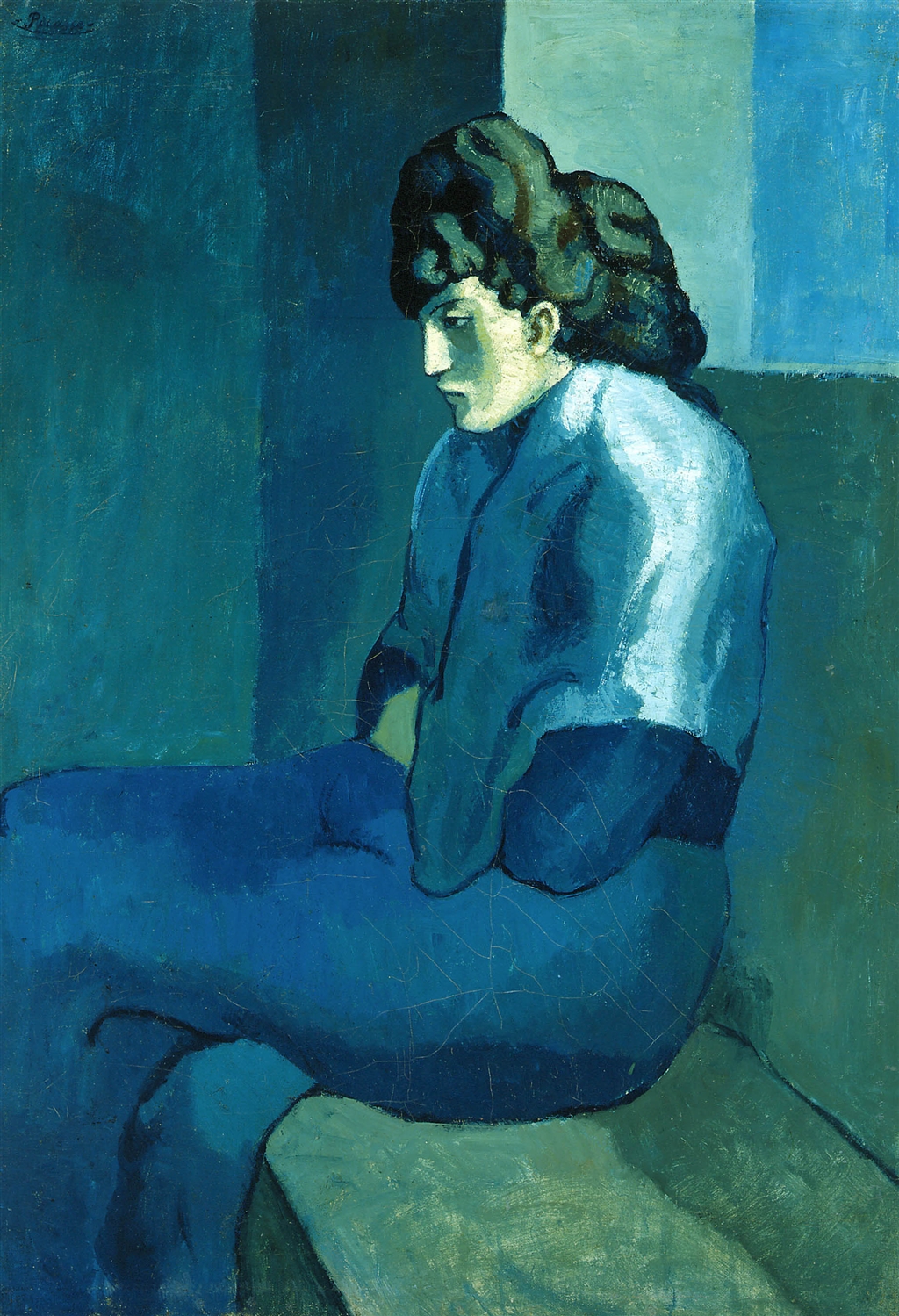 Picasso's Blue Period woman painting in melancholy blue tones