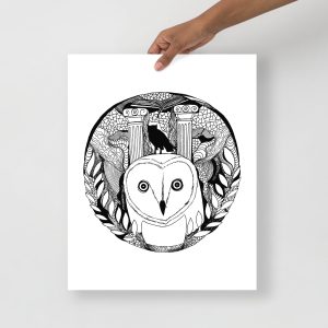 Creative owl artwork featuring intricate mandala line art with classical columns and sacred geometry