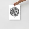 Skull and dreamcatcher circle ink art print with sacred geometry line work for gothic wall decor