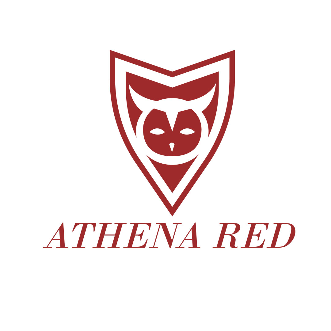 Logo design art featuring Athena Red's powerful owl shield emblem in deep crimson, showcasing warrior goddess symbolism