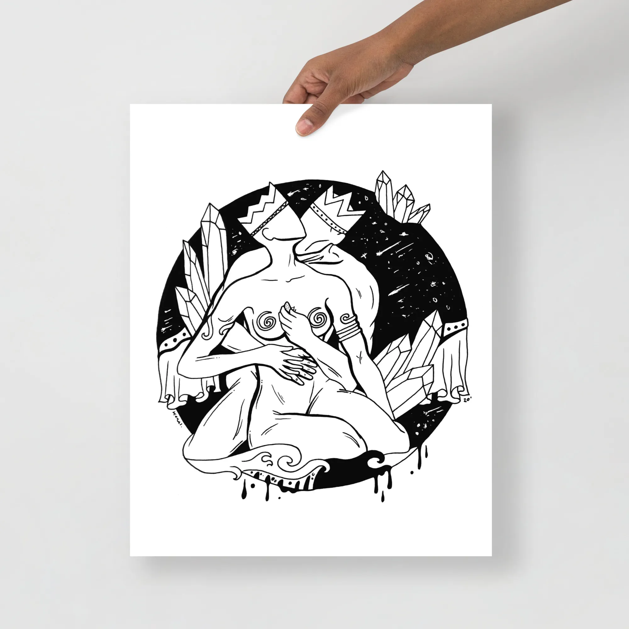 Couple art drawing featuring crowned male and female figures in an intimate embrace, surrounded by crystal formations and botanical elements in black and white pen and ink style with decorative dripping effectsRetry