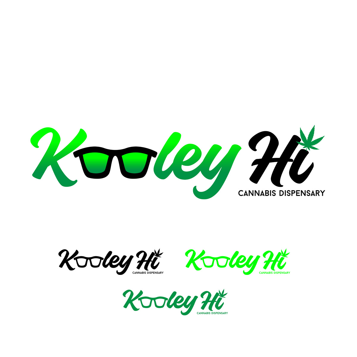 Logo artist's playful Kooley Hi cannabis dispensary branding with sunglasses typography and leaf accent