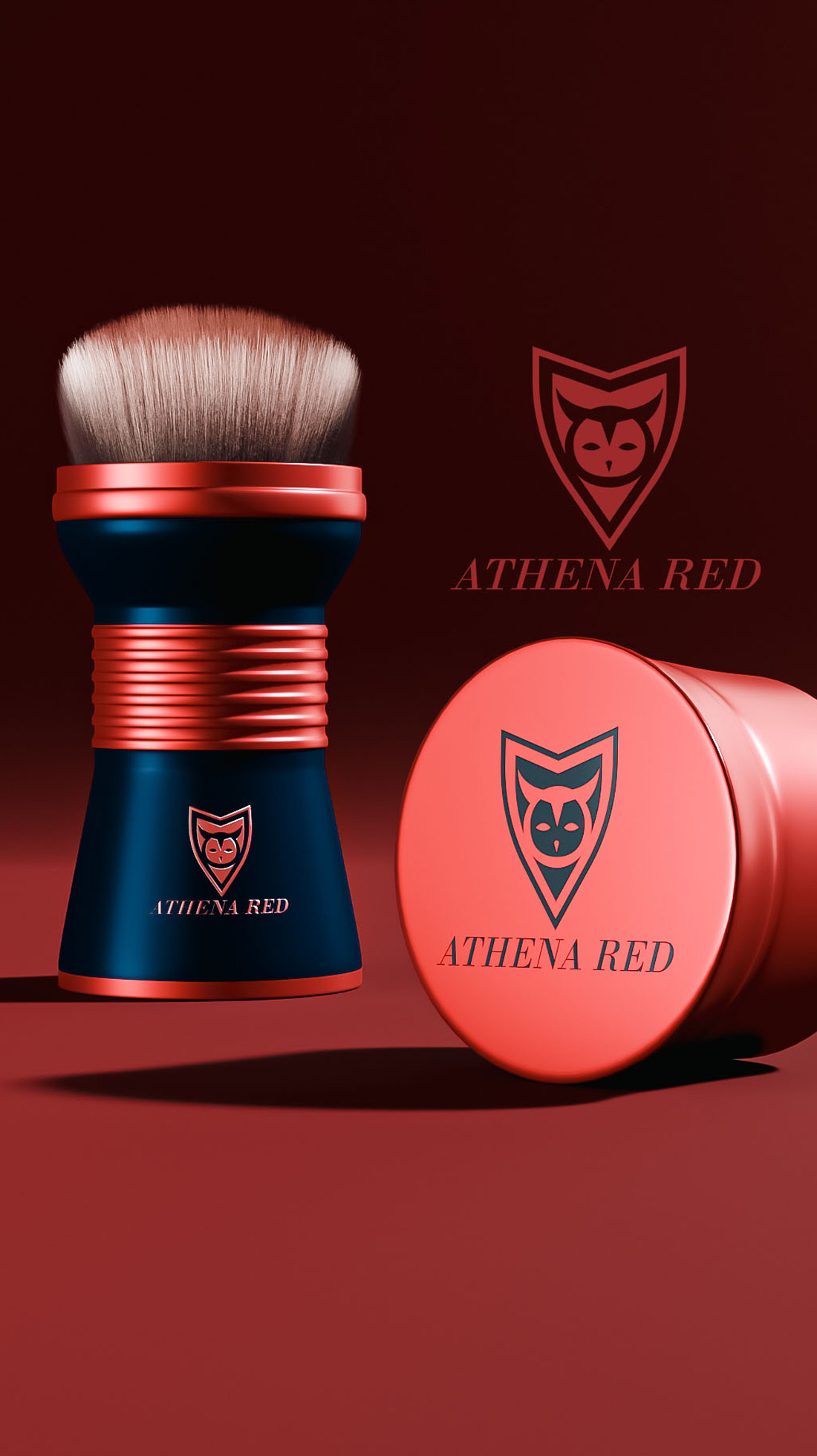 Logo artist's Athena Red brand application on luxury cosmetic products with red and navy color scheme