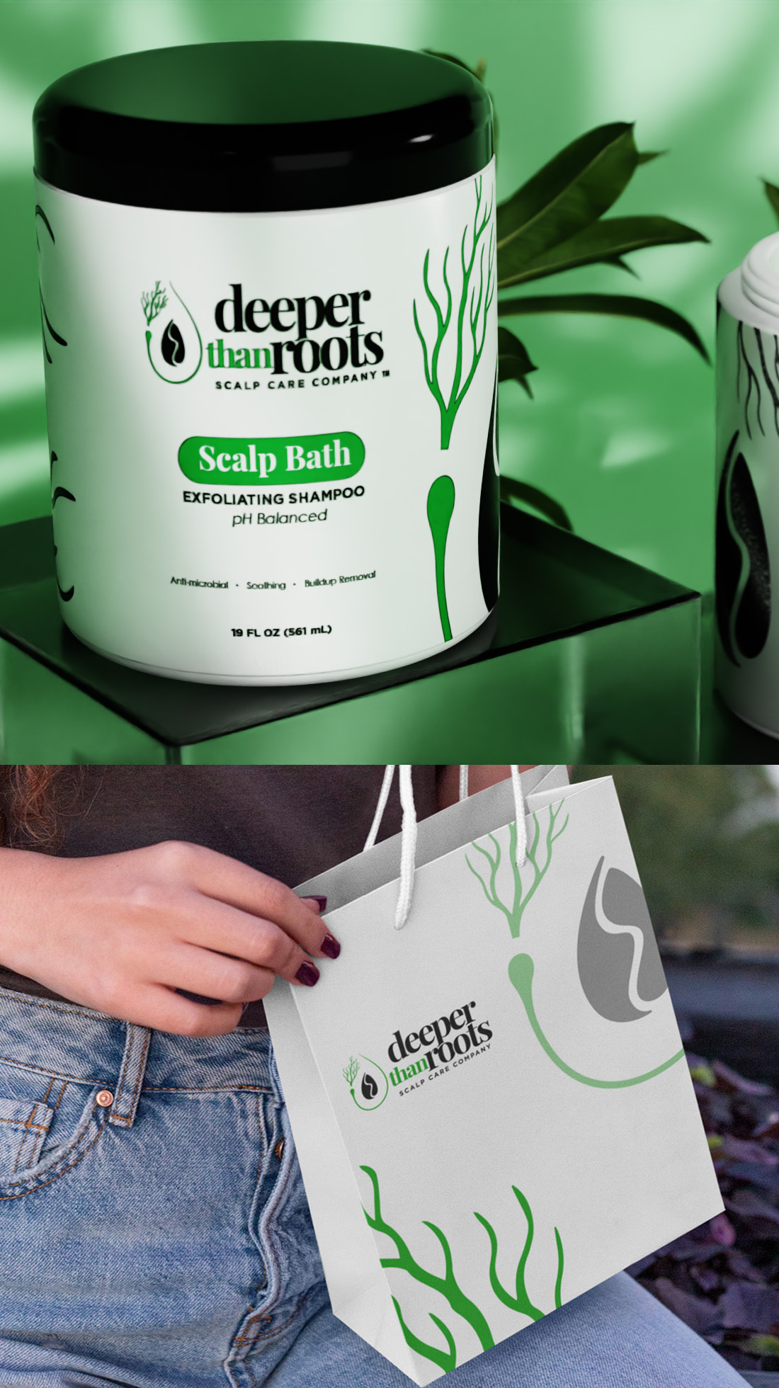 Logo design art for Deeper Than Roots displayed on product packaging and shopping bag mockups