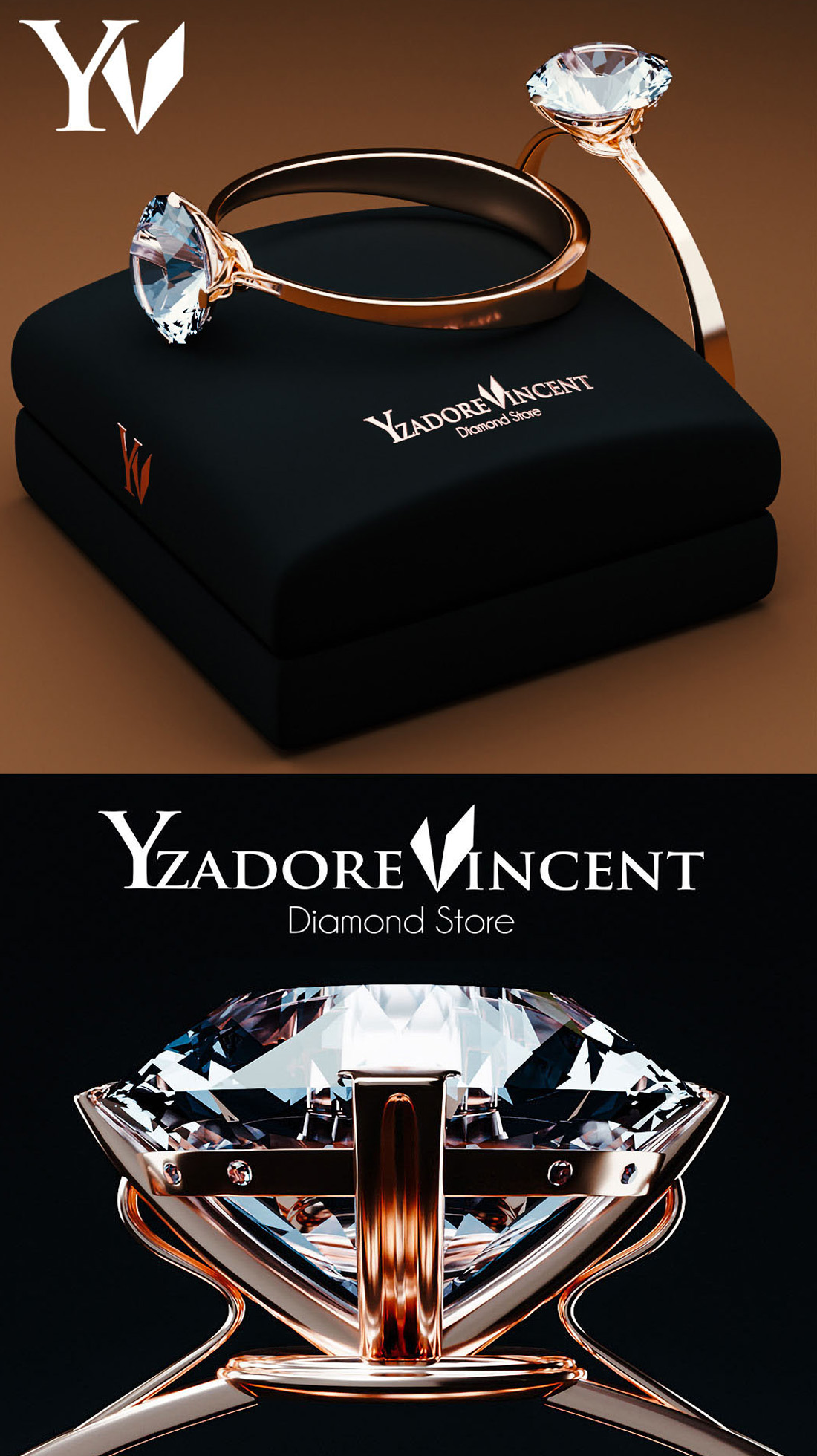Logo design art for Yzadore Vincent applied to luxury jewelry packaging with rose gold diamond ring