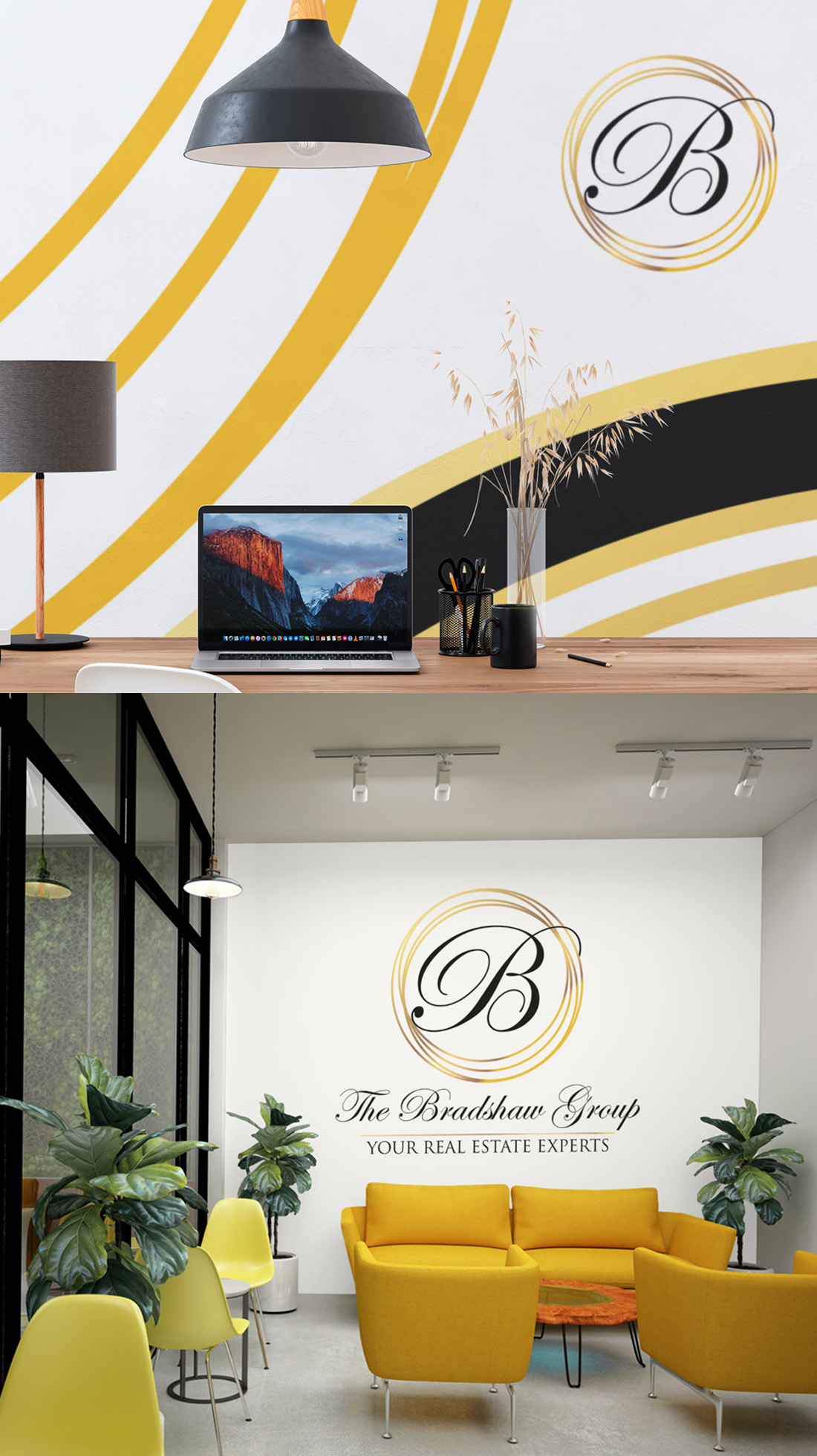Logo artist's sophisticated Bradshaw Group real estate branding with gold circular monogram in modern office setting