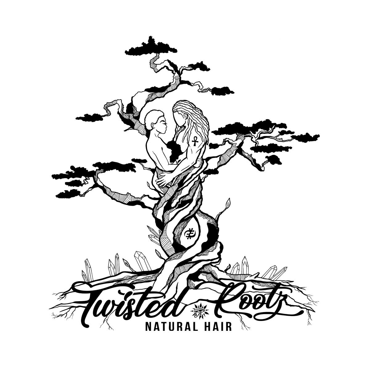 Logo design art featuring Twisted Roots Natural Hair with intricate pen and ink tree goddess illustration