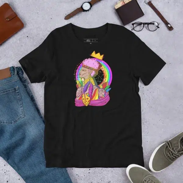 Pride t-shirts displaying crowned figure with rainbow halo - Regal pride shirt ideas celebrating Black royalty and LGBTQ+ identity