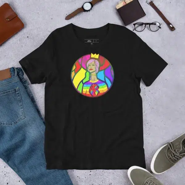 Pride shirt ideas featuring divine feminine figure in circular rainbow mandala - Spiritual pride t-shirts with goddess energy on black canvas