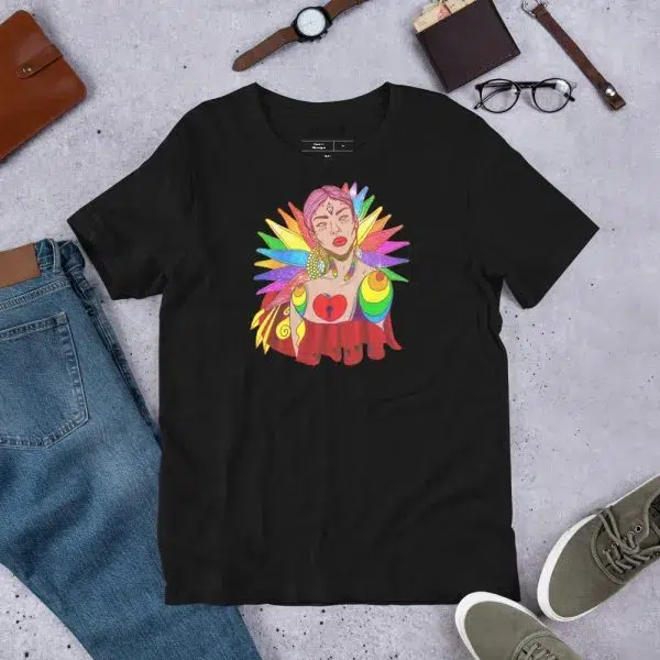 Pride shirt ideas showing figure with rainbow wing burst - Celestial pride t-shirts celebrating liberation and divine feminine power