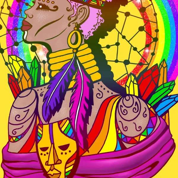 Close-up of vibrant afrocentric art design - Pride shirt ideas detail showing intricate line work and rainbow color palette