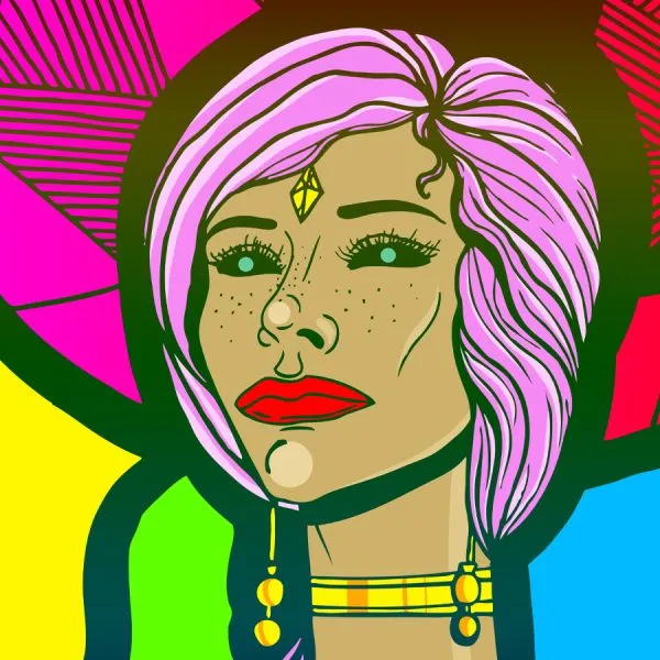 Pride t-shirts artwork detail of mystical face with pink hair - Psychedelic pride shirt ideas in pen and ink style