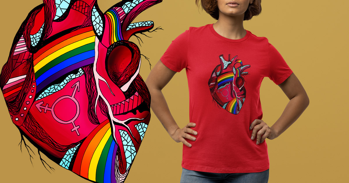 Pride shirt ideas shown on model - Red pride t-shirts with anatomical rainbow heart design for bold spiritual expression