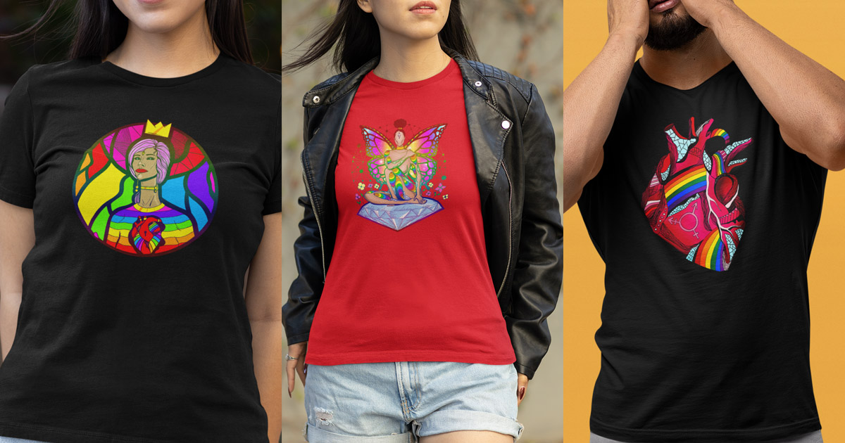 Pride t-shirts collection on three models - Multiple pride shirt ideas showcasing rainbow heart, butterfly fairy, and goddess designs