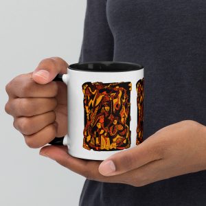 Orange and black abstract art coffee mug with colorful rim and handle for fall drinkware