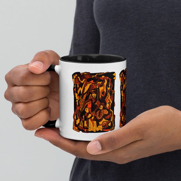 Orange and black abstract art coffee mug with colorful rim and handle for fall drinkware