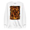 Orange and black abstract sweatshirt with ribbed crew neck and soft fleece interior for fall layering.