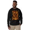 Orange and black abstract sweatshirt with ribbed crew neck and long sleeves for fall fashion.