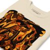 Orange and black abstract sweatshirt with ribbed crew neck and soft fleece interior for fall