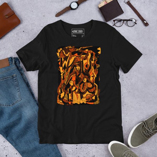Orange and black abstract art t-shirt featuring the Wave of Thoughts No. 4 design